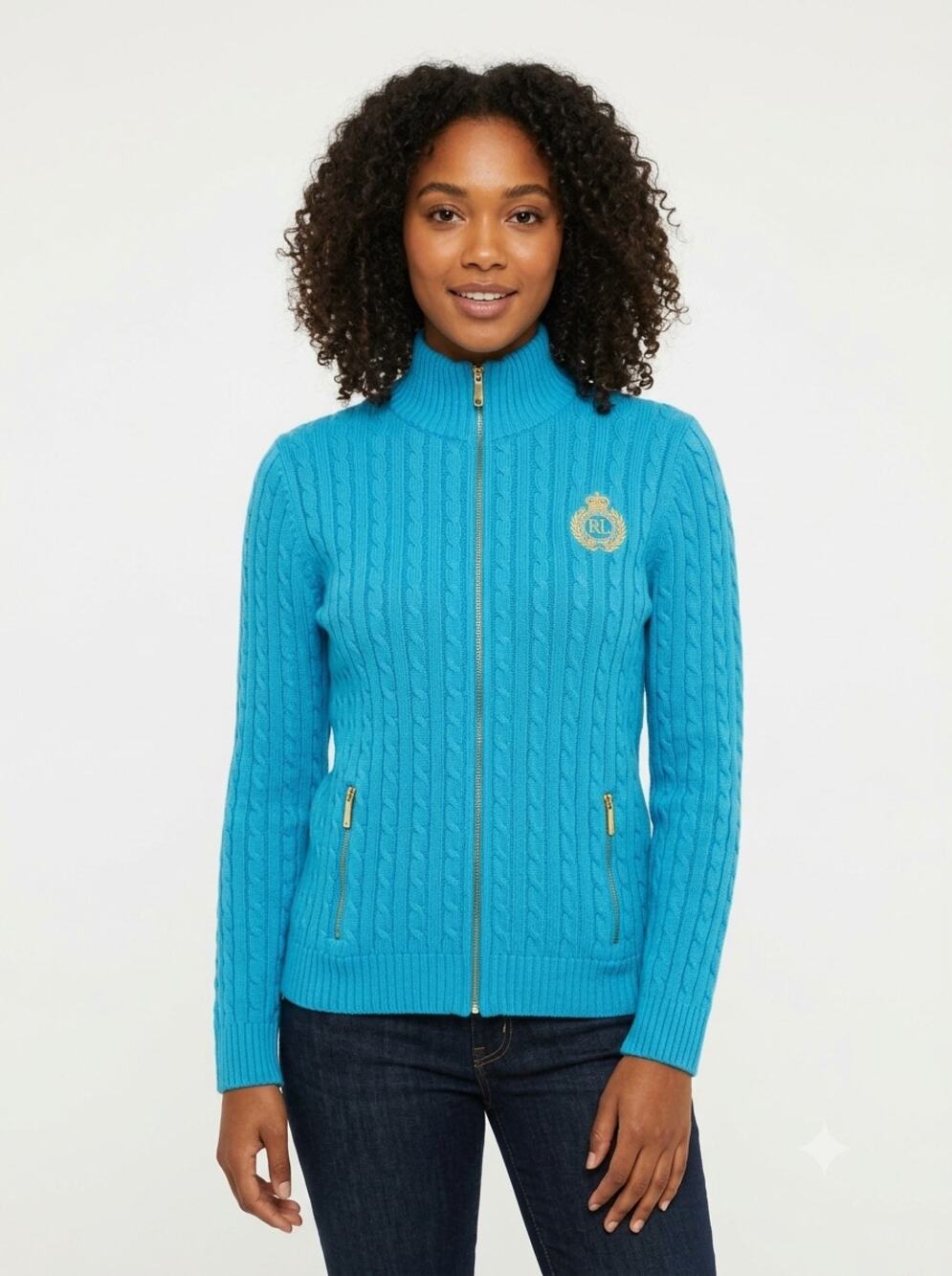 Lauren Ralph Lauren Full Zip Sweater Women's L Blue Ribbed Cable Knit Crest Logo
